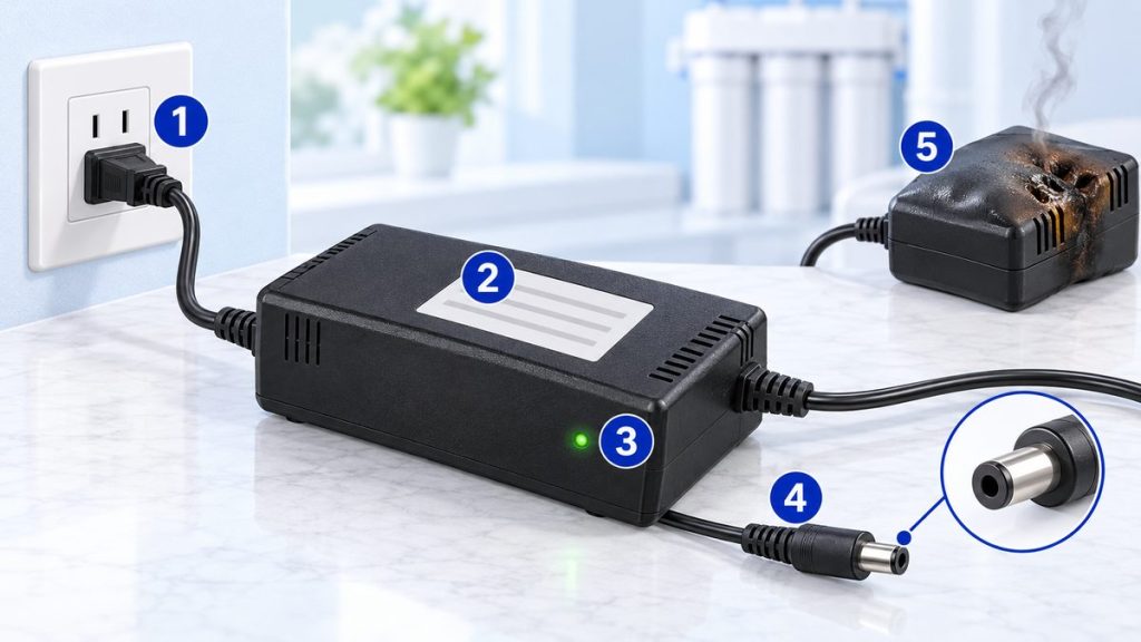 Ảnh minh họa adapter máy lọc nước: phích cắm, thân hộp có tem, đèn báo, dây ra và giắc cắm; adapter hỏng bị phồng, cháy xém