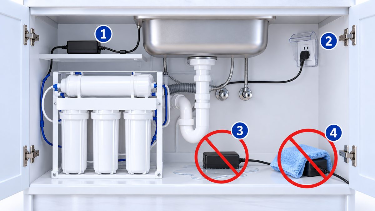 Ảnh minh họa chỗ đặt adapter máy lọc nước trong tủ bếp: đặt cao, khô, thoáng; không đặt trên sàn tủ đọng nước, không phủ khăn