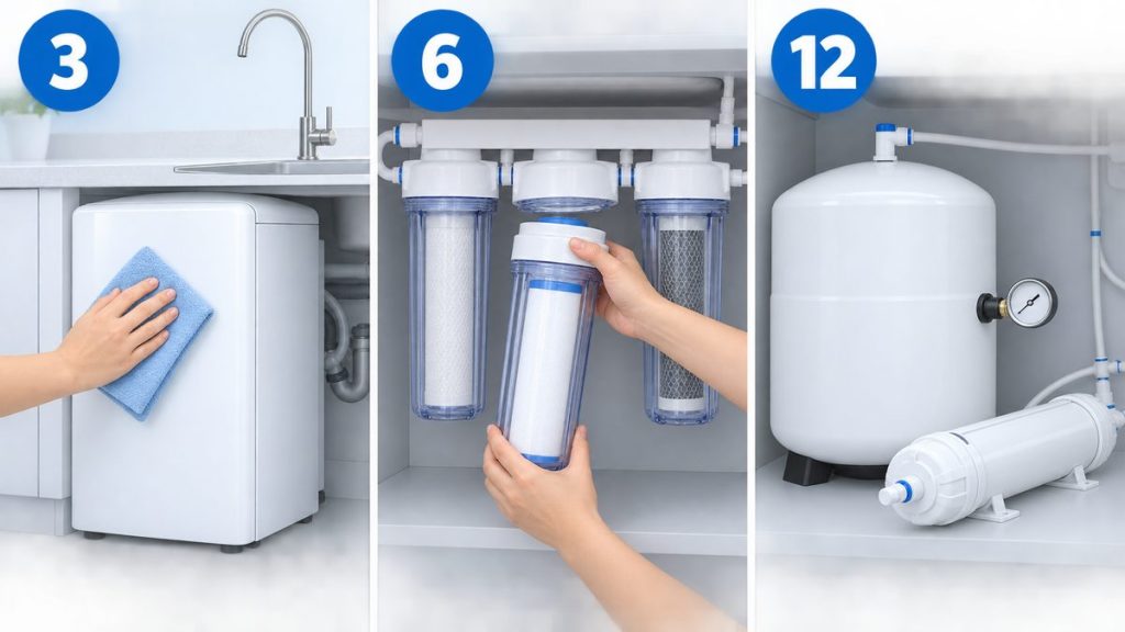 Ảnh minh họa lịch bảo dưỡng máy lọc nước theo mốc 3, 6, 12 tháng