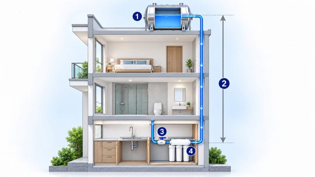 Ảnh minh họa cột nước từ bồn mái xuống máy lọc nước, ảnh hưởng tới van áp thấp máy lọc nước