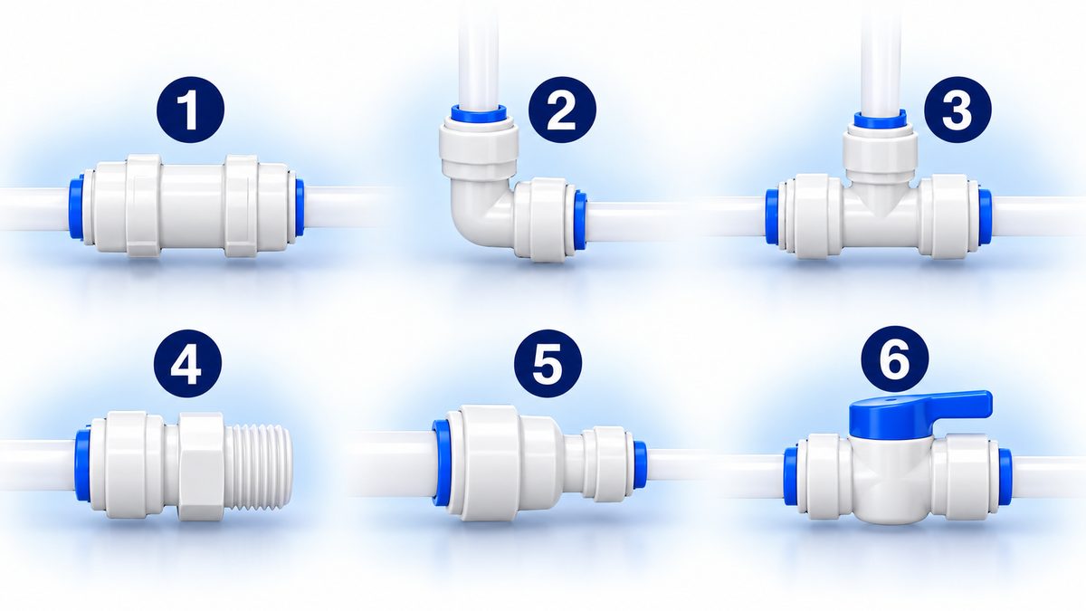 Ảnh minh họa 5 loại cút nối máy lọc nước và van khóa: cút thẳng, cút L, cút T, cút ren, cút giảm, van khóa nối nhanh