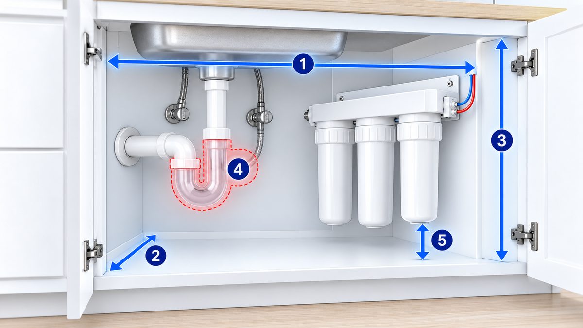 Ảnh minh họa cách đo kích thước tủ bếp trước khi mua máy lọc nước: chiều rộng, chiều sâu, chiều cao lòng tủ, xi phông vướng, khoảng hở dưới cốc lọc