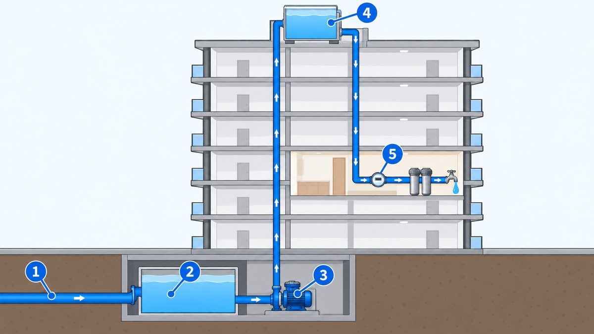 Ảnh minh họa đường đi của nước máy qua bể ngầm, bể mái tới căn hộ chung cư