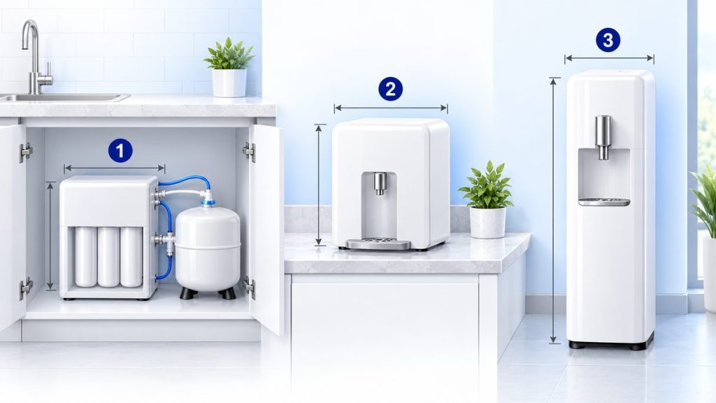 Ảnh minh họa kích thước máy lọc nước theo 3 loại: máy để gầm có bình áp rời, máy để bàn, máy tủ đứng