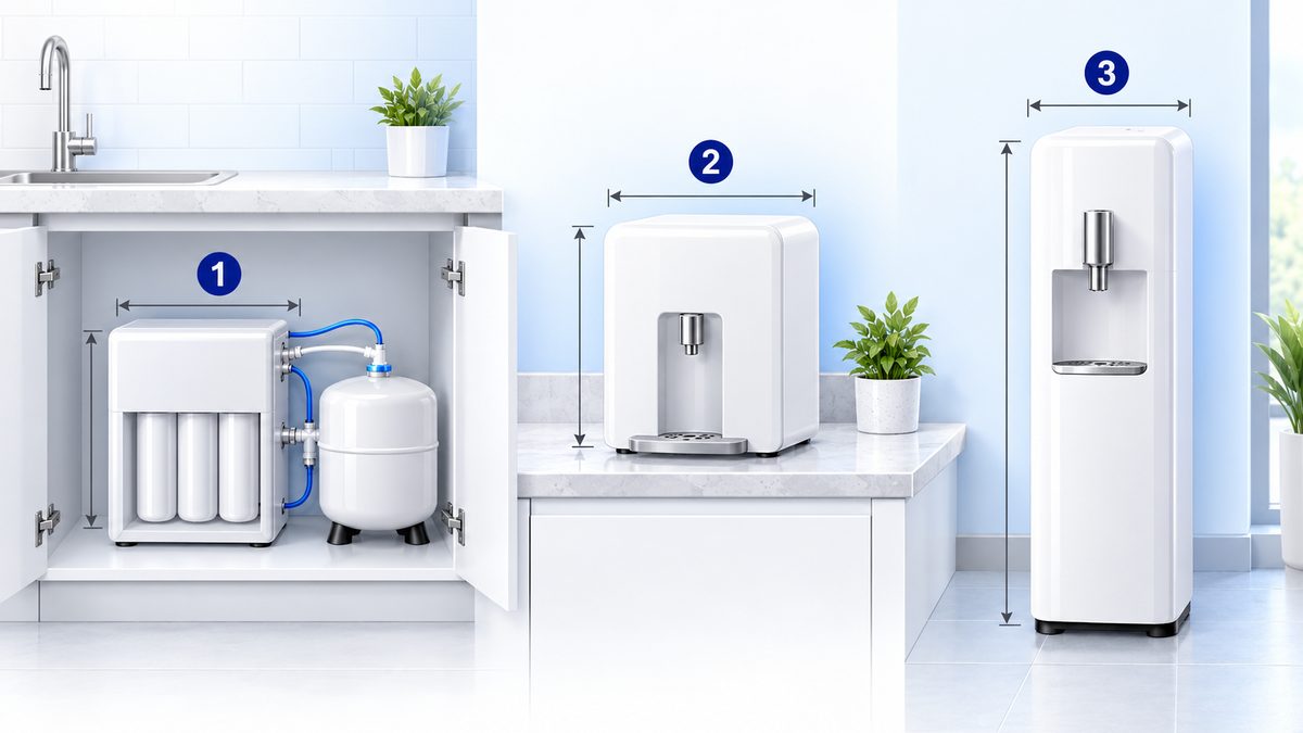Ảnh minh họa kích thước máy lọc nước theo 3 loại: máy để gầm có bình áp rời, máy để bàn, máy tủ đứng