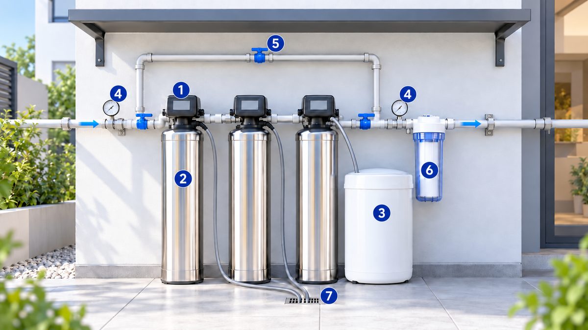 Ảnh minh họa hệ lọc tổng cao cấp cho nhà phố, biệt thự: 3 cột inox có van tự động, bình muối, đồng hồ áp, đường bypass, lõi PP và ống xả