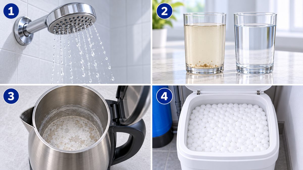 Ảnh minh họa dấu hiệu lọc tổng chảy yếu, nước đục: vòi sen chảy yếu, cốc nước đục có cặn, ấm đun đóng cặn, bình muối không vơi