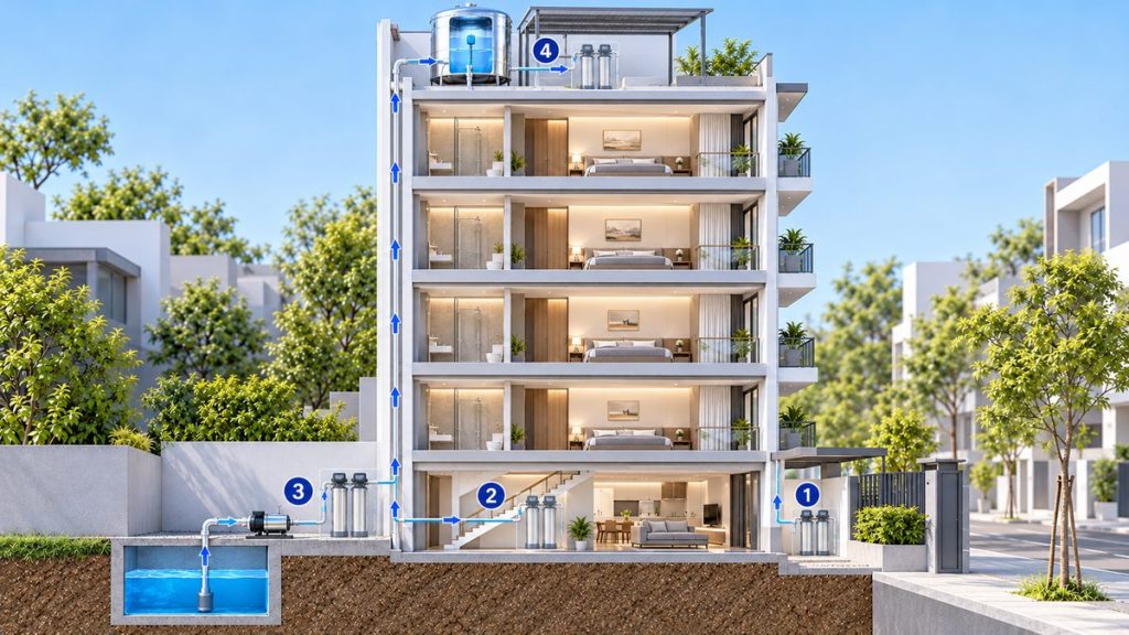 Ảnh minh họa 4 vị trí đặt lọc tổng nhà phố: sân trước, gầm cầu thang, cạnh bể ngầm và máy bơm, sân thượng cạnh bồn chứa