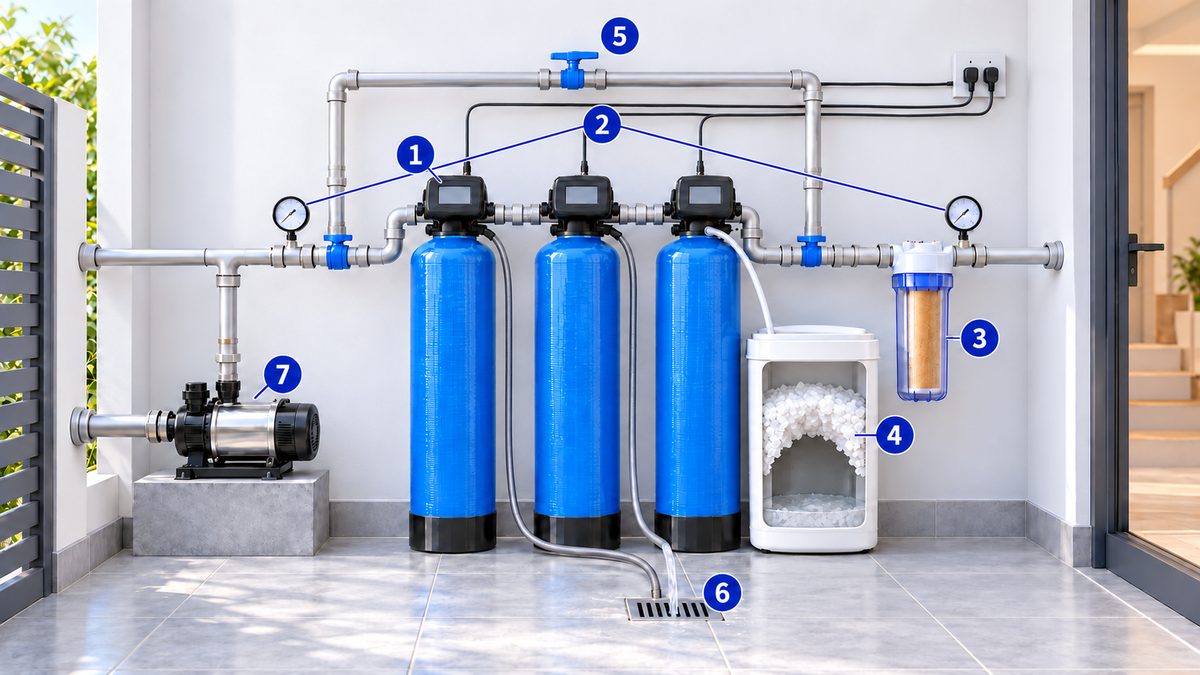 Ảnh minh họa 7 chỗ cần kiểm tra khi lọc tổng chảy yếu, nước đục: màn hình van, đồng hồ áp, lõi PP, bình muối, bypass, ống xả, máy bơm
