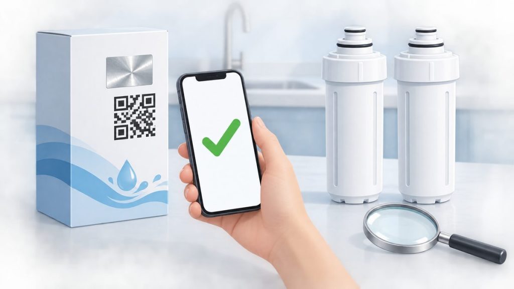 Ảnh minh họa cách nhận biết lõi lọc nước chính hãng: tem bạc, mã QR trên hộp, quét bằng điện thoại, so lõi bằng kính lúp