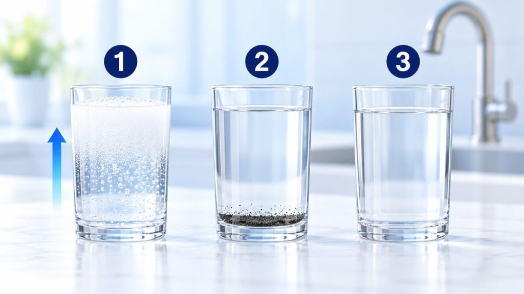 Ảnh minh họa cốc nước máy lọc nước có bọt khí trong dần từ dưới lên, cốc có hạt đen lắng đáy, cốc nước trong