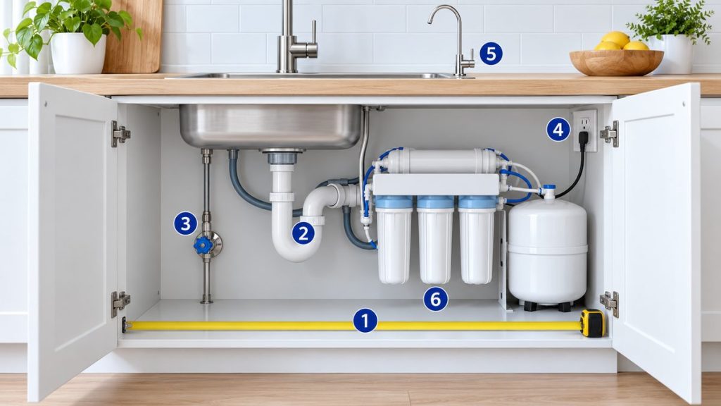 Ảnh minh họa 6 điểm cần kiểm tra khi lắp máy lọc nước âm tủ dưới bồn rửa: khoang tủ, ống xi phông, van nước, ổ điện, lỗ vòi, khoảng thay lõi