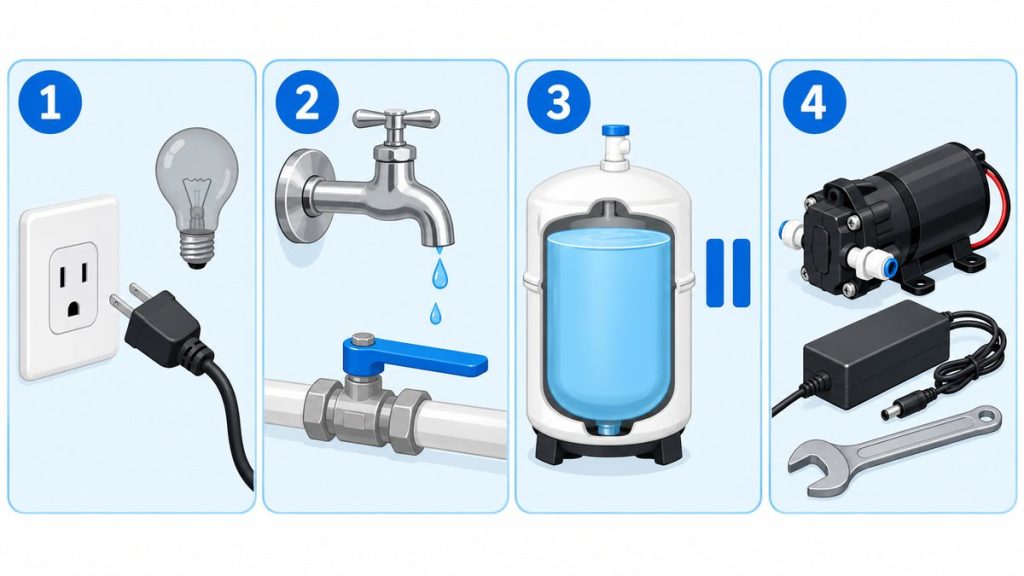Ảnh minh họa 4 trường hợp máy lọc nước không chạy: mất điện, thiếu nước, bình đầy, hỏng bơm hoặc adapter