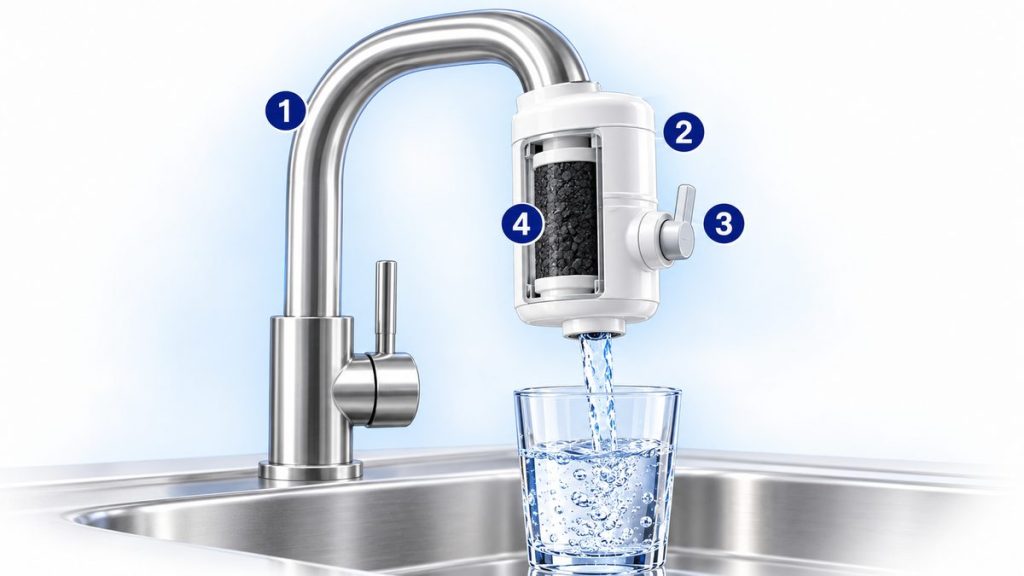 Ảnh minh họa máy lọc nước tại vòi gắn trên đầu vòi bếp, có cần gạt chuyển nước lọc và nước thường