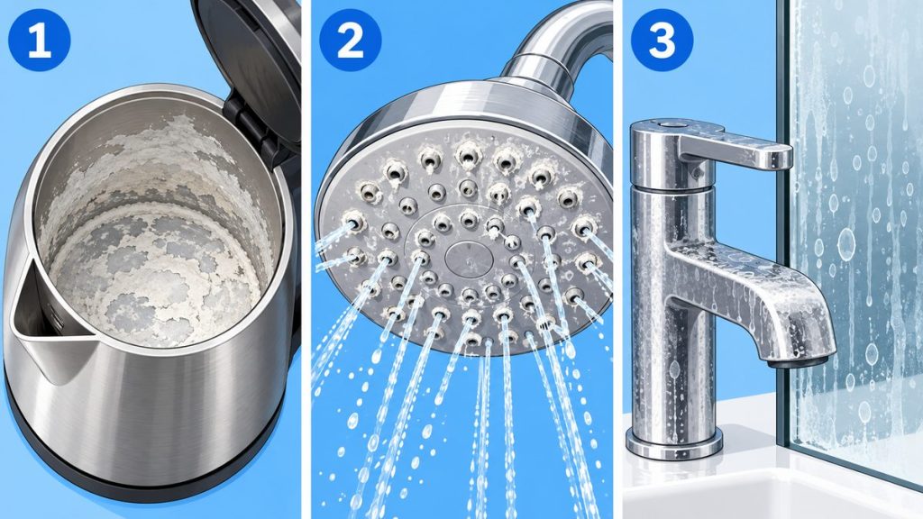 Ảnh minh họa dấu hiệu nước cứng: cặn trắng trong ấm đun, vòi sen đóng cặn, vệt ố trắng trên vòi và kính