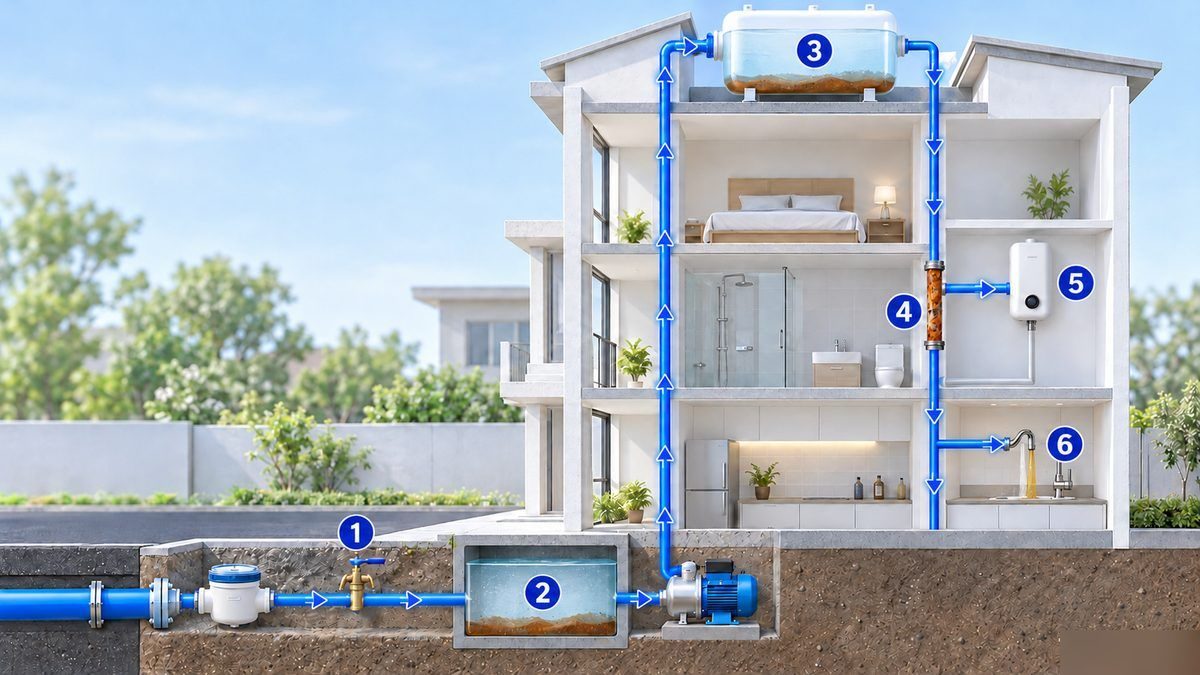 Ảnh minh họa khoanh vùng nguyên nhân nước máy bị vàng trong nhà: vòi trước bồn, bể ngầm, bồn mái có cặn, ống thép gỉ, bình nóng lạnh, vòi bếp