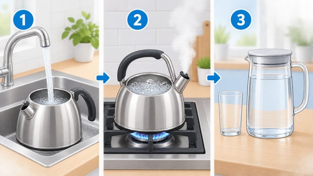 Ảnh minh họa đun sôi nước máy: lấy nước ở vòi, đun sôi trong ấm, để nguội trong bình thủy tinh có nắp