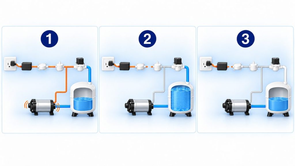 Ảnh minh họa 3 trạng thái sơ đồ điện máy lọc nước RO: đang lọc, ngắt do áp nước sạch đạt ngưỡng, mất nước