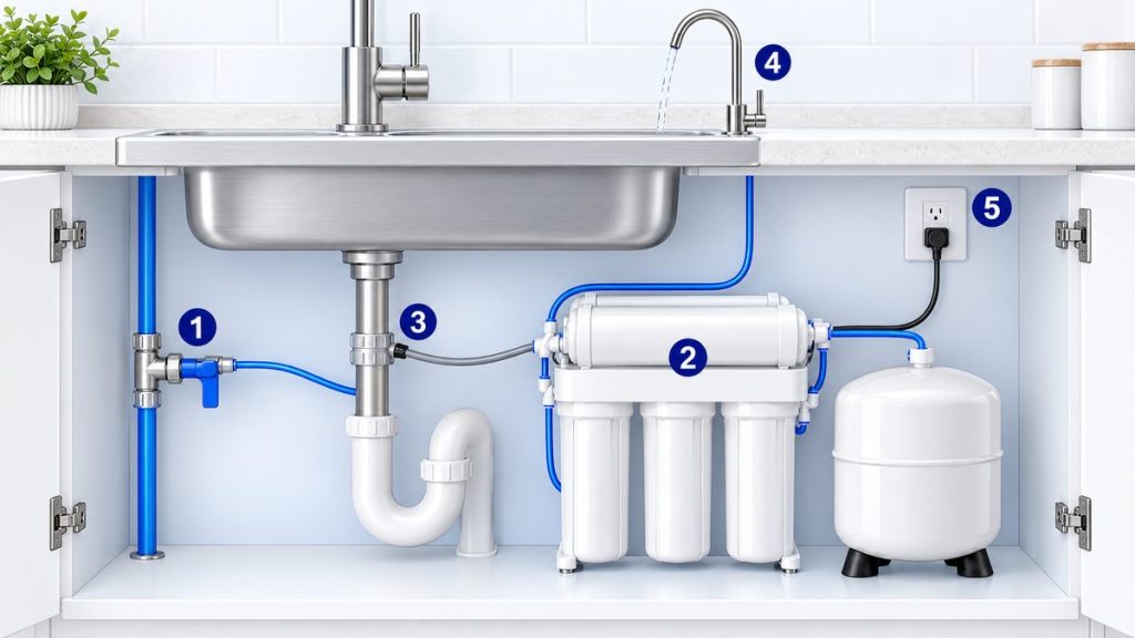 Ảnh minh họa sơ đồ lắp máy lọc nước RO dưới chậu rửa: van chia nước lạnh, máy RO, ống thải vào kẹp ống thoát phía trên xi phông, vòi trên mặt đá, ổ điện