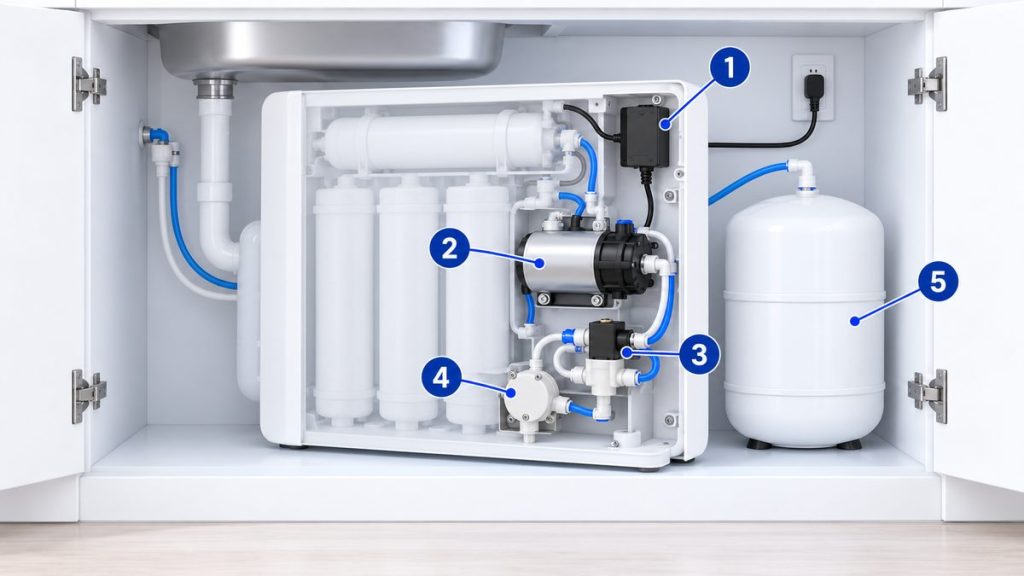 Ảnh minh họa 5 bộ phận thợ hay kiểm tra khi sửa máy lọc nước Kangaroo: adapter, bơm, van điện từ, công tắc áp, bình áp