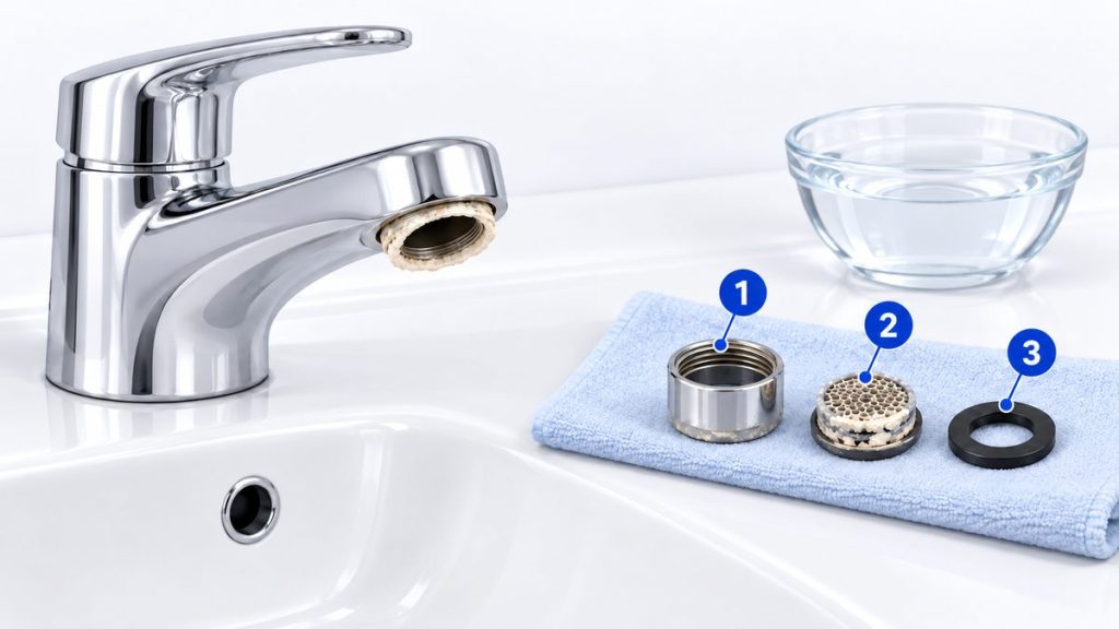 Ảnh minh họa tẩy cặn canxi trên vòi nước: đầu vòi tháo rời gồm vỏ, lưới lọc bám cặn trắng và gioăng cao su