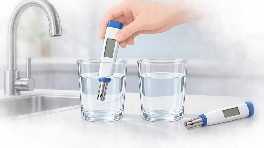 Ảnh minh họa TDS là gì: nhúng bút đo TDS vào cốc nước máy để đo
