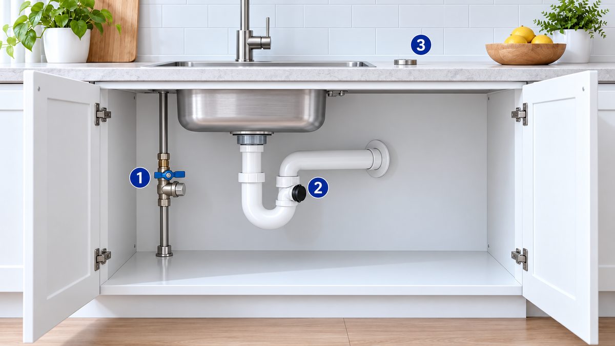Ảnh minh họa sau khi tháo máy lọc nước: van nước đã khóa và bịt đầu ra, lỗ thải trên xi phông và lỗ vòi trên mặt đá đã được bịt