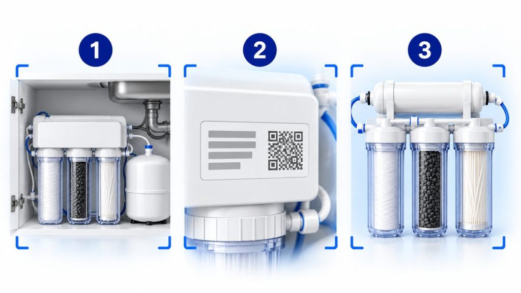 Ảnh minh họa 3 ảnh nên chụp trước khi thay lõi lọc nước Karofi: toàn máy, tem model, cụm lõi