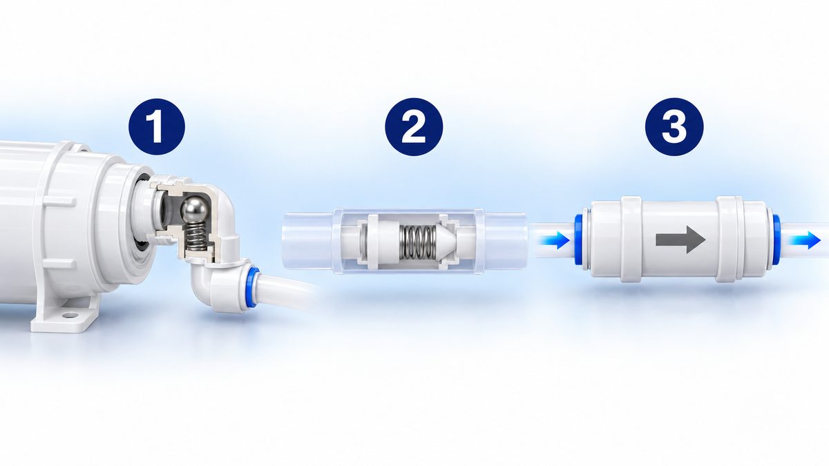 Ảnh minh họa 3 kiểu van một chiều máy lọc nước: cút nối có van ở cổng ra vỏ màng, lõi van cắm trong ống, van rời có mũi tên