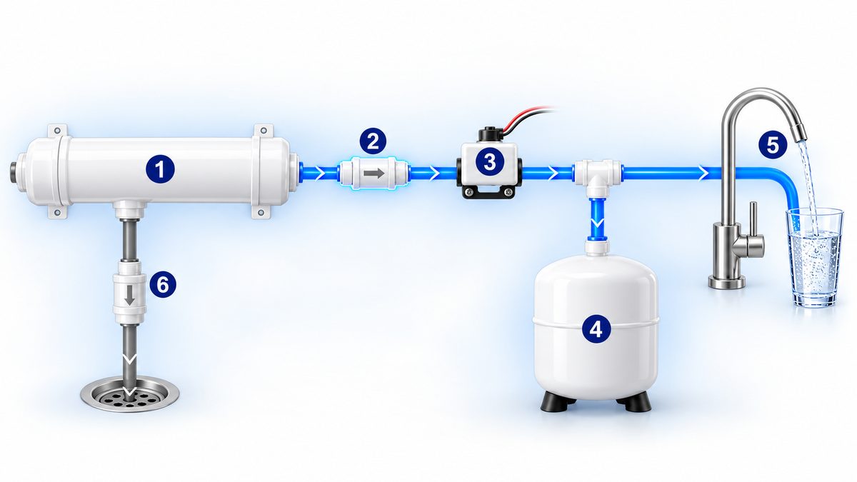 Ảnh minh họa vị trí van 1 chiều máy lọc nước: sau màng RO, trước van áp cao và bình áp; nước thải đi qua van xả thải