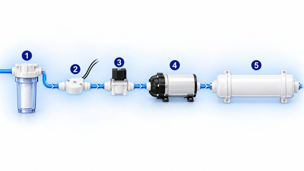 Ảnh minh họa vị trí van áp thấp máy lọc nước: sau cốc lọc thô, trước van điện từ và bơm