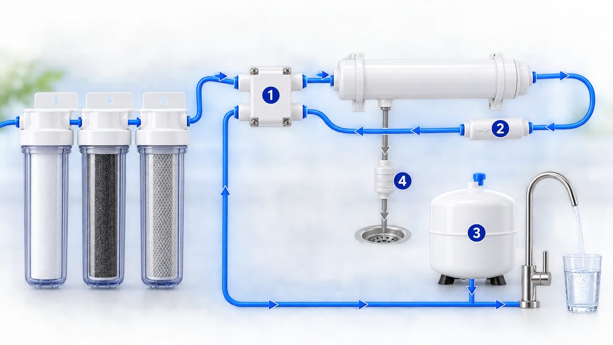 Ảnh minh họa van cơ máy lọc nước (van 4 cửa) trong máy RO không bơm: hai cửa nước cấp, hai cửa nước sạch, van một chiều sau màng, bình áp, van xả thải
