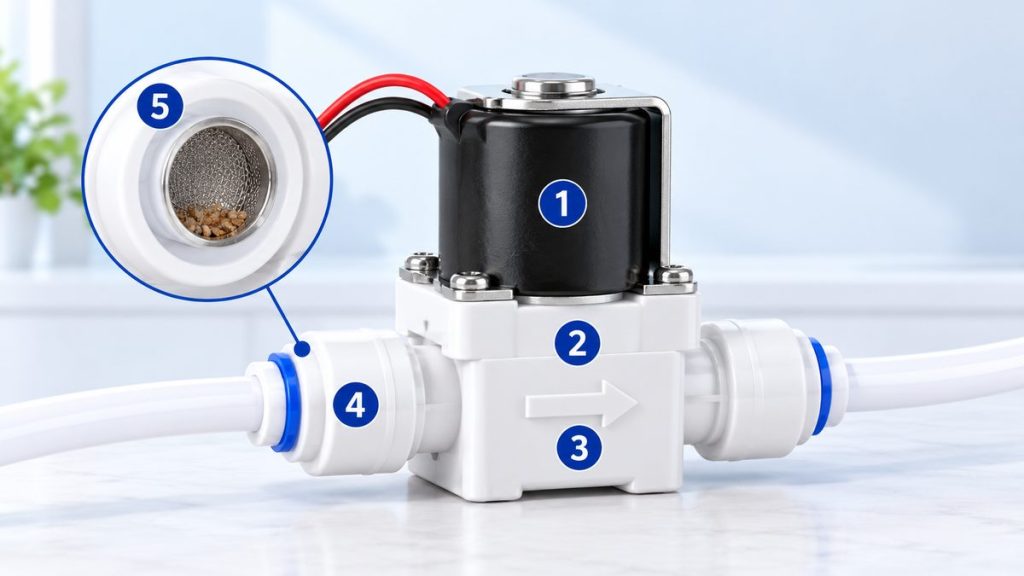 Ảnh minh họa cấu tạo van điện từ máy lọc nước: cuộn dây, thân van, mũi tên chiều nước, đầu nối nhanh, lưới lọc đầu vào có cặn