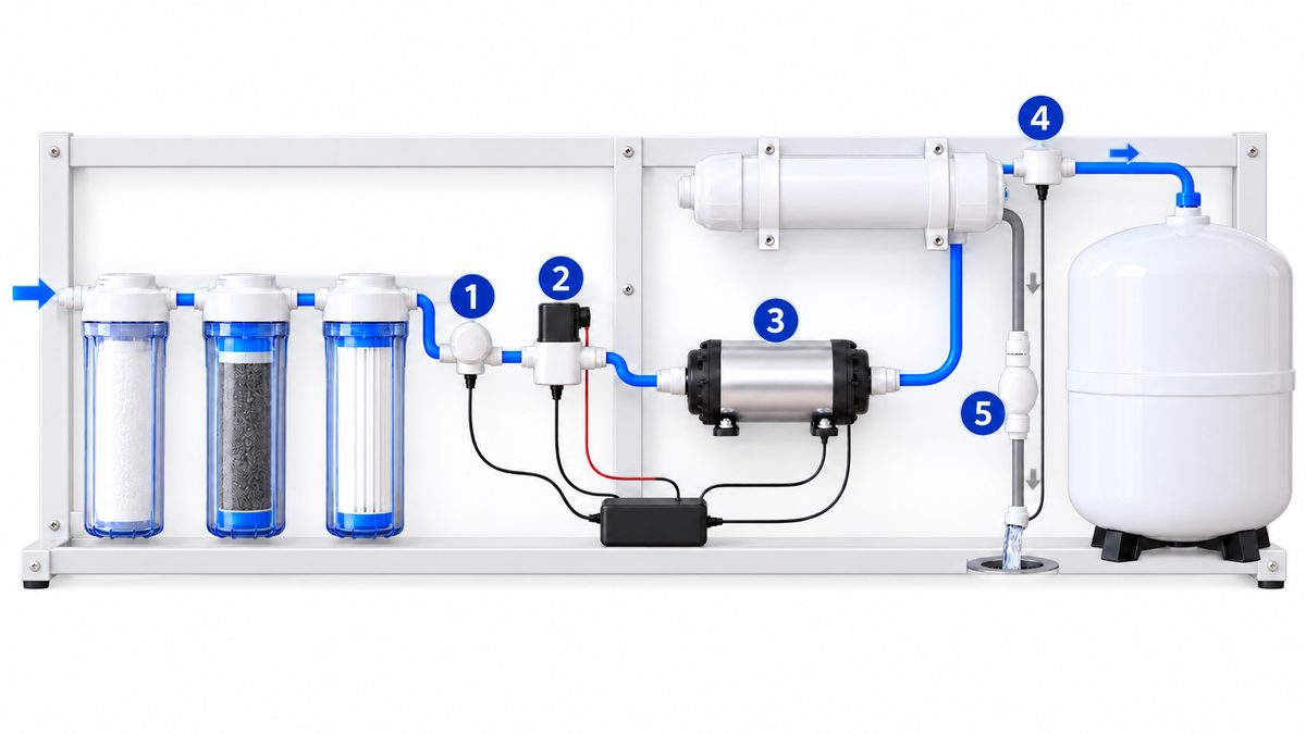 Ảnh minh họa vị trí van điện từ máy lọc nước RO: sau cốc lọc thô và van áp thấp, trước bơm; van áp cao trên đường nước sạch, van xả thải trên đường nước thải