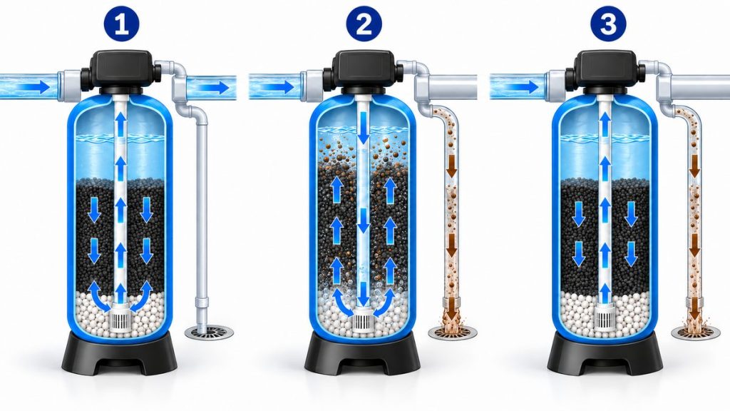 Ảnh minh họa 3 bước của van tự động cột lọc: lọc, rửa ngược và xả nhanh