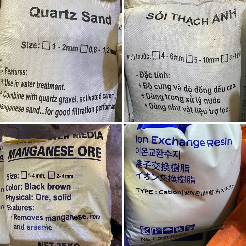 Vật liệu lọc nước tại kho Thiên An: bao cát thạch anh, sỏi thạch anh, quặng mangan và hạt nhựa trao đổi ion cation