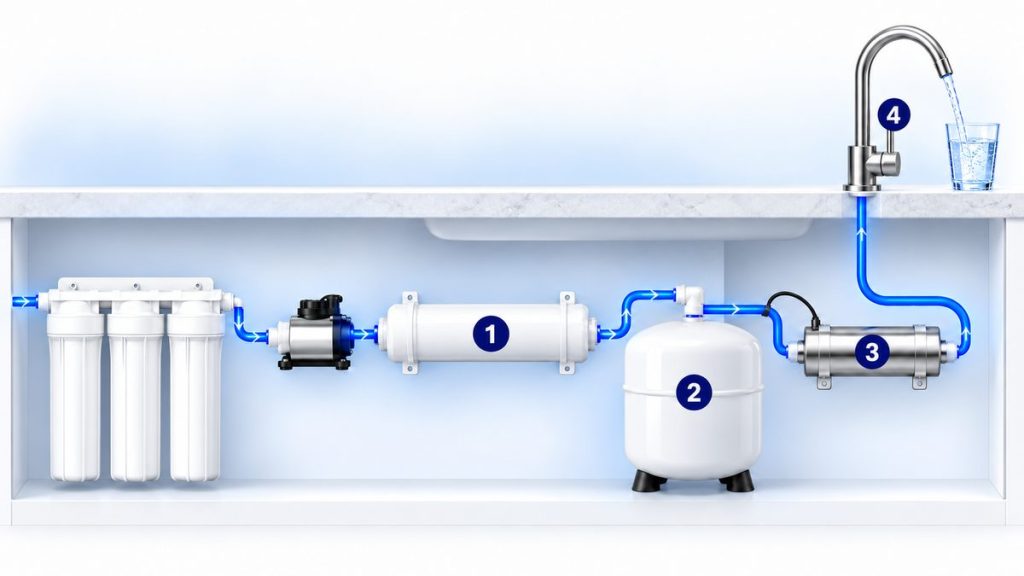 Ảnh minh họa vị trí đèn UV máy lọc nước RO: sau màng RO và bình áp, trước vòi nước lọc
