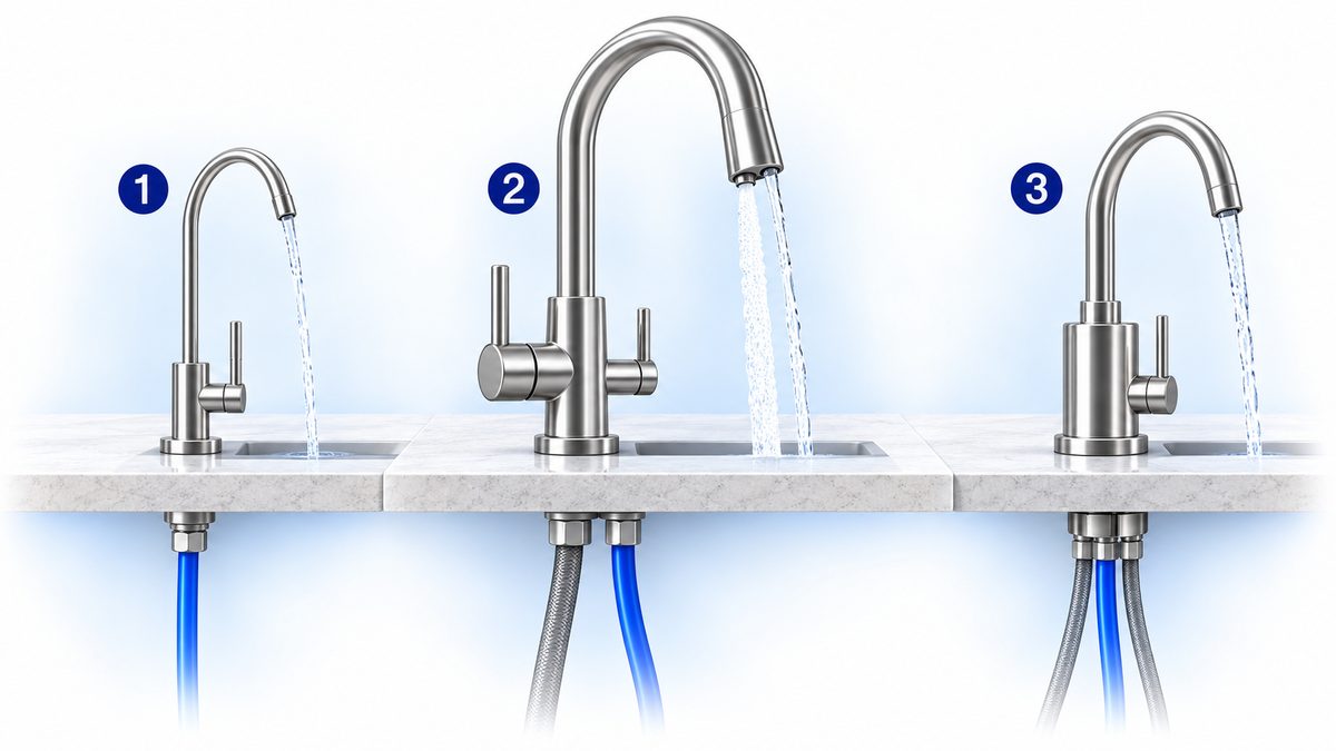 Ảnh minh họa 3 kiểu vòi máy lọc nước: vòi riêng một đường nước lọc, vòi bếp kết hợp có đường nước lọc riêng, vòi có khe hở không khí